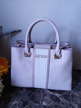 GUESS Pink Logo-Print Structured Satchel with Gold Hardware